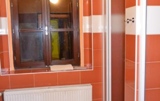 koupelna s obložením oranžové barvy, sprchový kout a umyvadlo