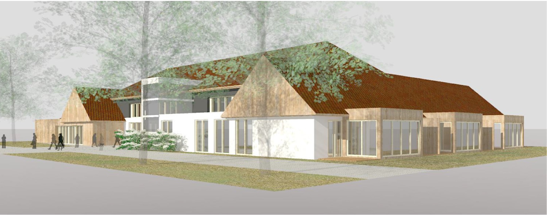vizualizace jendopatrového moderního domu s dřevěným obložením, bílým nátěrem a velkými prosklenými okny
