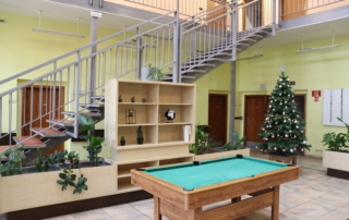 prostorná místnost se schody vedoucími do patra, kulečníkem, úložnými prostory a vánočním stromkem